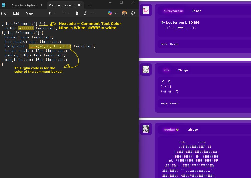 Want to customize the comment box on your profile for myoshi? 

here's the code for changing the comment text color! Alongside the box around comments ♥

[class*="comment"] * {
  color: #ffffff !important;
}[class*="comment"] {
  border: none !important;
  box-shadow: none