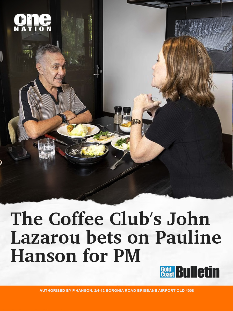 OneNationAus's tweet image. Massive endorsement over the weekend from John Lazaro’s, owner of the Coffee Club franchise. He said in local publications, “They love Pauline in the country, and a lot of people are saying, ‘Give her a go, she can’t do any more damage than has already been done’.”

“…Barnaby