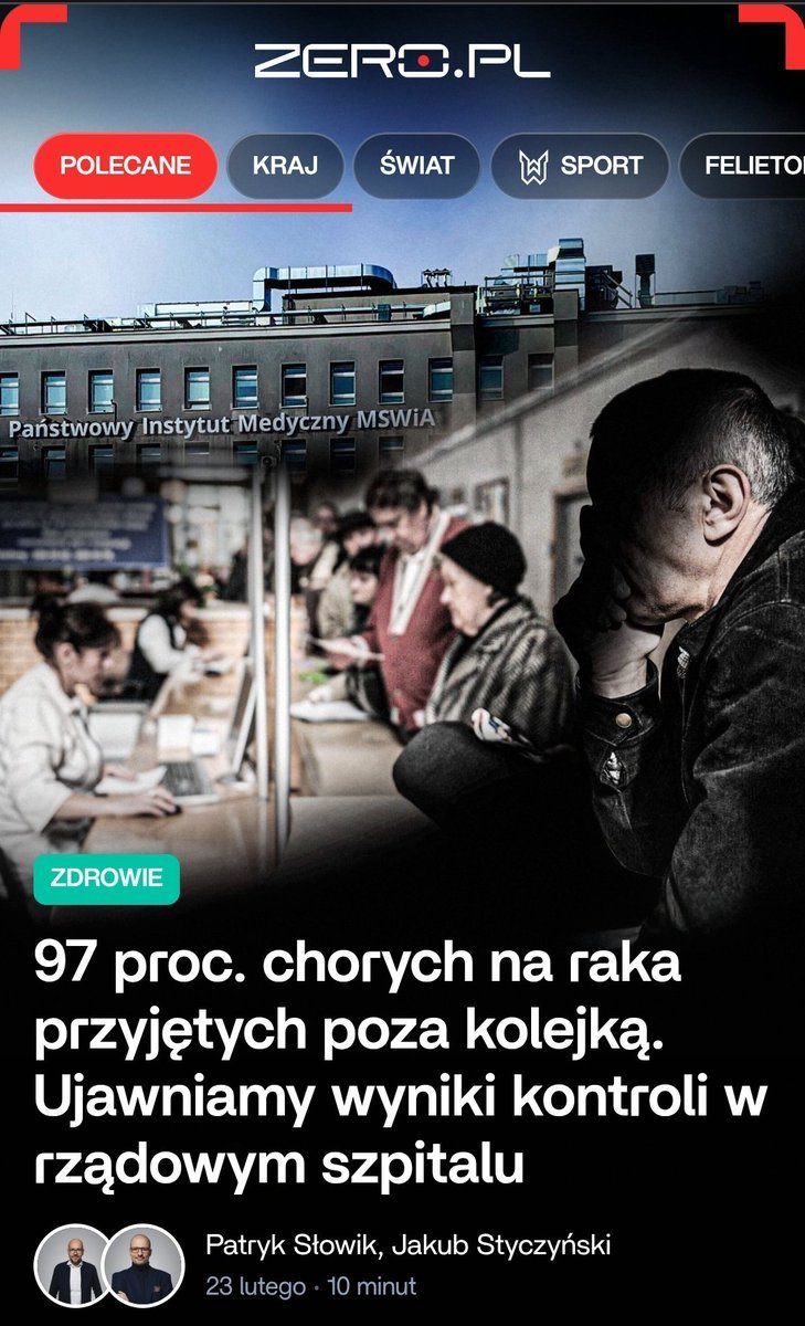 Płać, albo trać nadzieję. Takiego skandalu w polskiej medycynie dawno nie odkryto. 

▪️Niemal wszyscy pacjenci kliniki rządowego szpitala MSWiA w Warszawie byli przyjmowani niezgodnie z obowiązującymi procedurami – ustalił Narodowy Fundusz Zdrowia, sprawdzając sytuację ponad