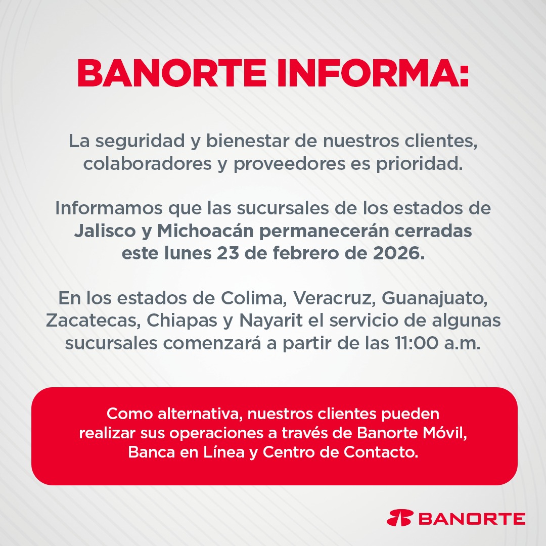 Comunicado Oficial. 
Este lunes 23 de febrero habrá ajustes temporales en la operación de algunas de nuestras sucursales. Mantente pendiente de cambios de operación en nuestros canales oficiales.