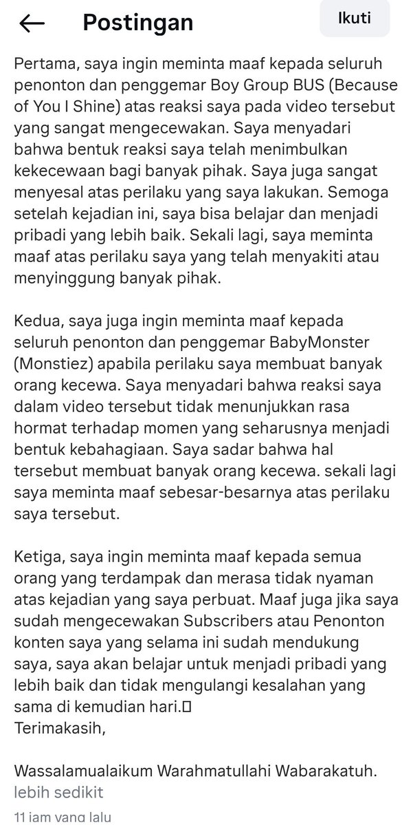 YouTuber kevinmkf rilis permintaan maaf di Instagram soal reaksinya di  video BABYMONSTER,

Ada bagian di mana kevinmkf nulis, "Saya menyadari bahwa reaksi saya dalam video tersebut tidak menunjukkan rasa hormat terhadap momen yang seharusnya menjadi bentuk kebahagiaan. "