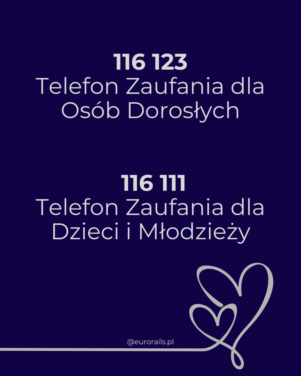 Eurorails_pl's tweet photo. Obok nas są ludzie, których historii nie znamy. Czasem wystarczy rozmowa, by ktoś poczuł, że nie jest sam.

Jeśli przechodzisz trudny moment, sięgnij po pomoc. To siła.

📞 116 123
📞 116 111
📞 800 70 22 22
📞 22 594 91 00 https://t.co/xchHveI3vn