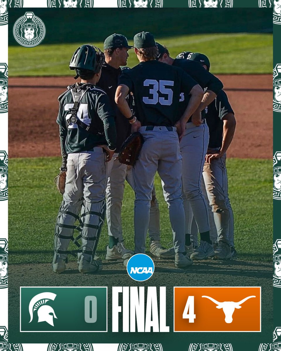 Final: Texas 4, Michigan State 0.

The Spartans were shut out in Austin as No. 3 Texas completed the sweep. MSU scattered hits but could not break through against a strong Longhorns pitching performance.

#MSUBaseball #GoGreen #CollegeBaseball