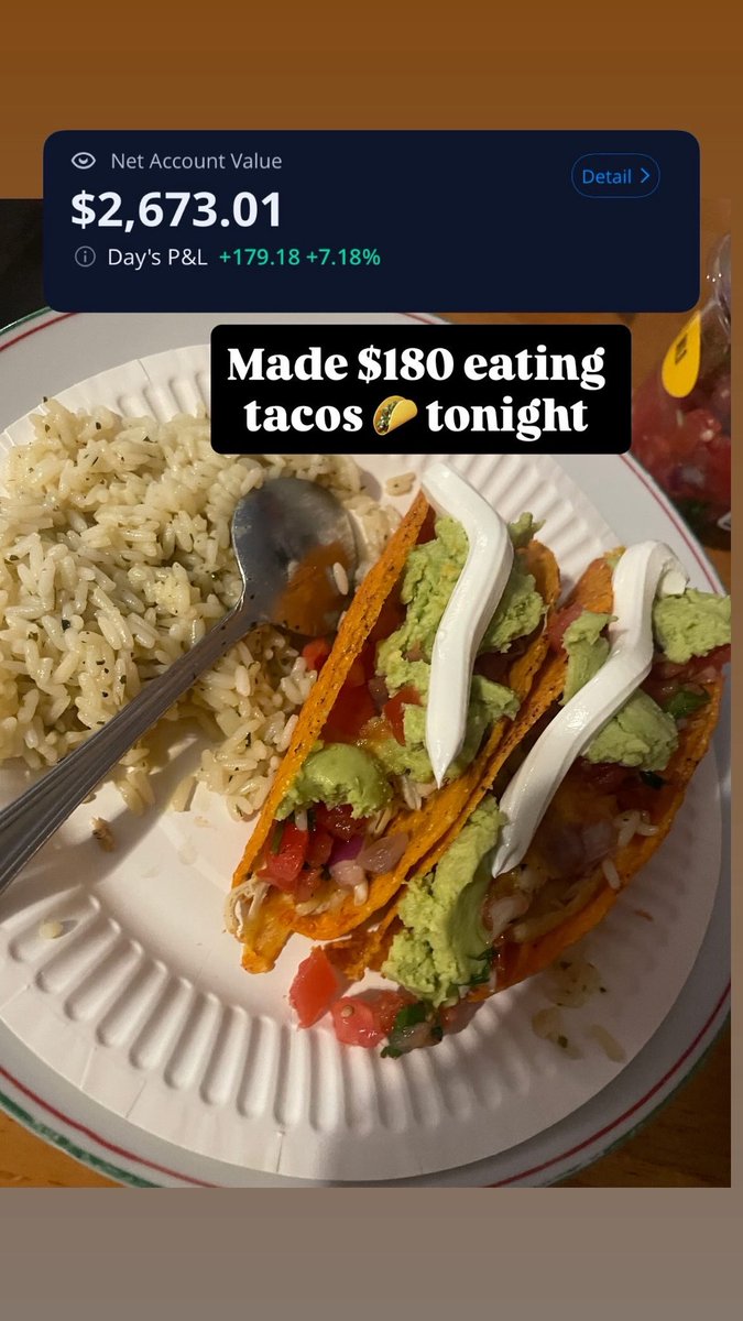 DarrellNia7602's tweet photo. I made $180 in 20 minutes, trading stocks while eating 🌮 tacos tonight  #stockmarket https://t.co/40iIVx9kem