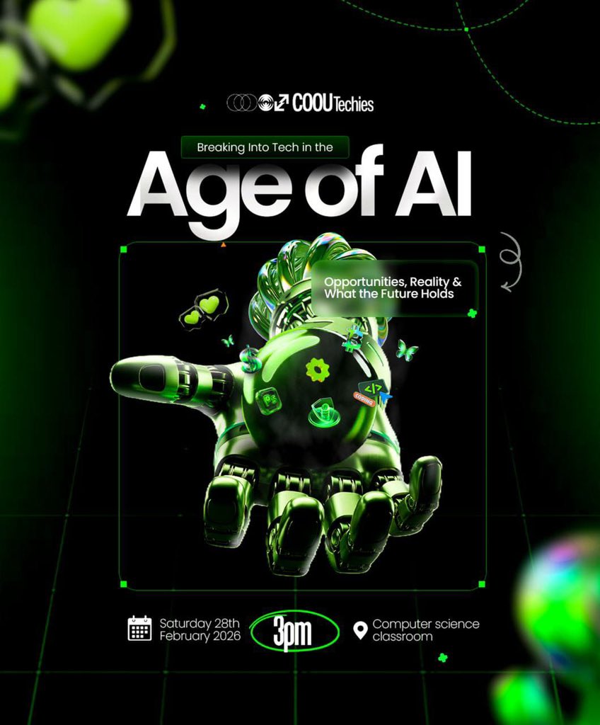 COOUTechies's tweet photo. 🚀 Breaking Into Tech in the Age of AI

Curious about tech? Wondering how AI affects your future?

Join us for insights, opportunities &amp; practical steps to start your tech journey.

📅 Feb 28, 2026
⏰ 3PM
📍 Computer Science Classroom

Register: https://t.co/vyS4RF9siA https://t.co/MHtjyMYv24