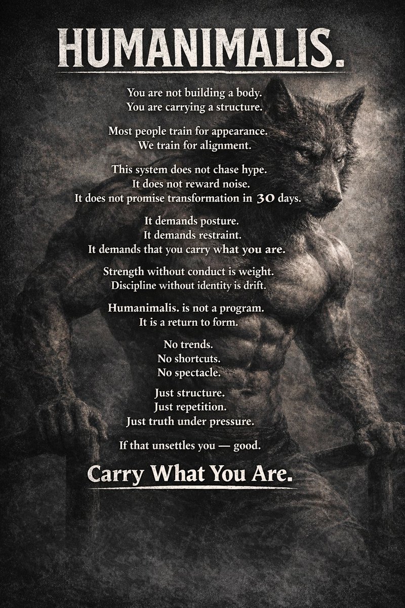 Humanimalis's tweet photo. You don’t build a body.
You carry a structure.
Most train for appearance.
Few train for alignment.
Humanimalis. is not hype.
It’s posture under pressure.
Carry What You Are. https://t.co/XcdjrJvO66