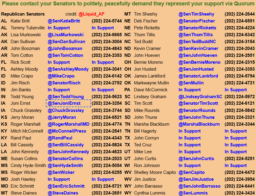 The voters of Iowa deserve to know your position PUBLICLY <a href="/ChuckGrassley/">Chuck Grassley</a> <a href="/SenJoniErnst/">Joni Ernst</a> 

Will you join and maintain a quorum to advance the #SAVEAmericaAct through the standing filibuster challenge?

Flood all GOP comms until they go to work for the People! #MAGA #Barbz
