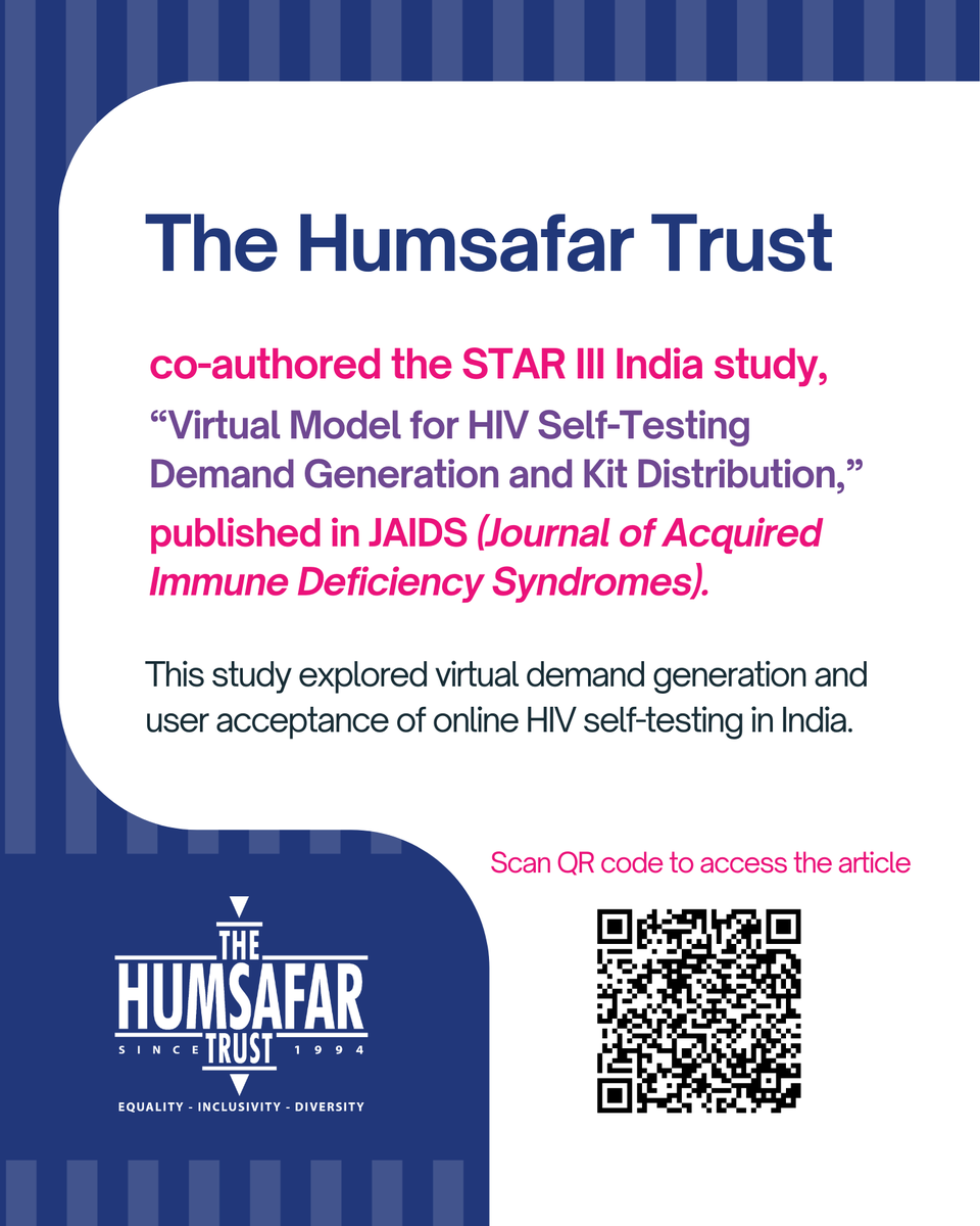 HumsafarTrust's tweet image. *Paper Published in JAIDS
The Humsafar Trust has co-authored the STAR III India study on virtual demand generation and online HIV self-testing - published in JAIDS (Journal of Acquired Immune Deficiency Syndromes).#thehumsafartrust #DigitalHealth #HIVPrevention