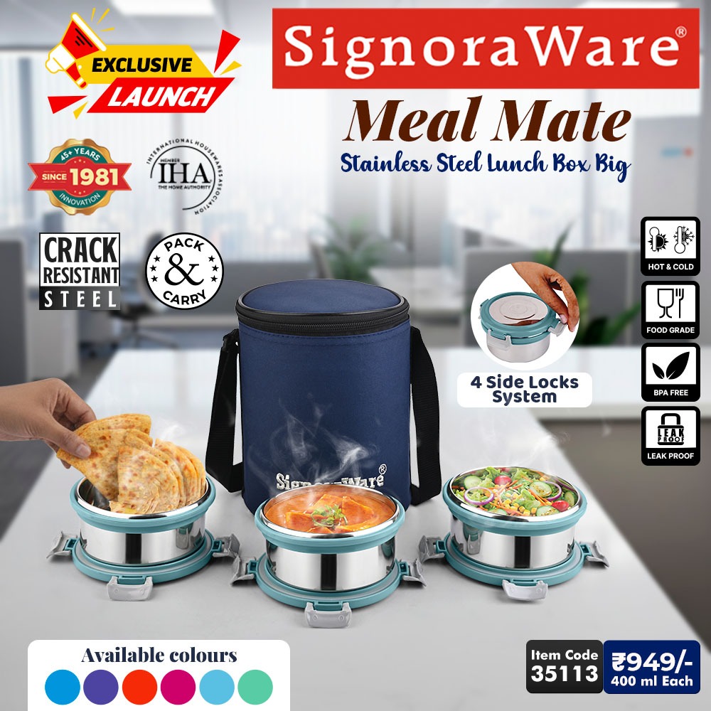 SignoraWare's tweet photo. 🍱 Bigger Meals. Smarter Carry.
Introducing Meal Mate Stainless Steel Lunch Box - Big
Made for those who never compromise on portion or freshness.
#Signoraware #MealMate #StainlessSteelLunchBox #BigLunchBox #OfficeEssentials #HealthyEating #MadeInIndia https://t.co/7embyKJ5B2