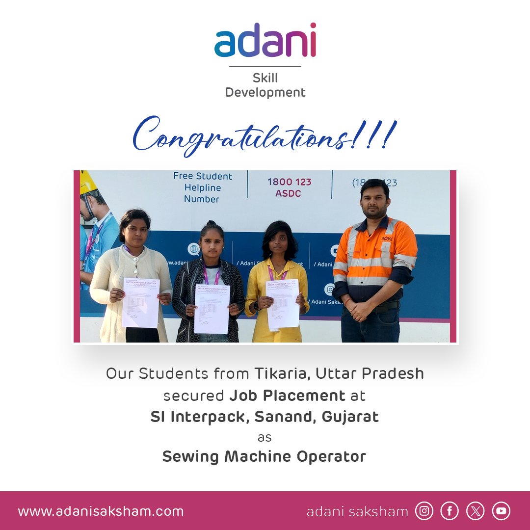 AdaniSaksham's tweet photo. Small wins for today. Life-changing start for tomorrow.
Adani Skill Development Centre, the skilling arm of @AdaniFoundation,ย helping youth move from learning to livelihoods.
๐๐จ๐ง๐ ๐ซ๐๐ญ๐ฌ ๐ญ๐จ:
1. Manshi
2. Ashu Kumari
3. Komal Maurya
#PlacementUpdate #SkillIndia #Careers https://t.co/oJ73yTwGKC