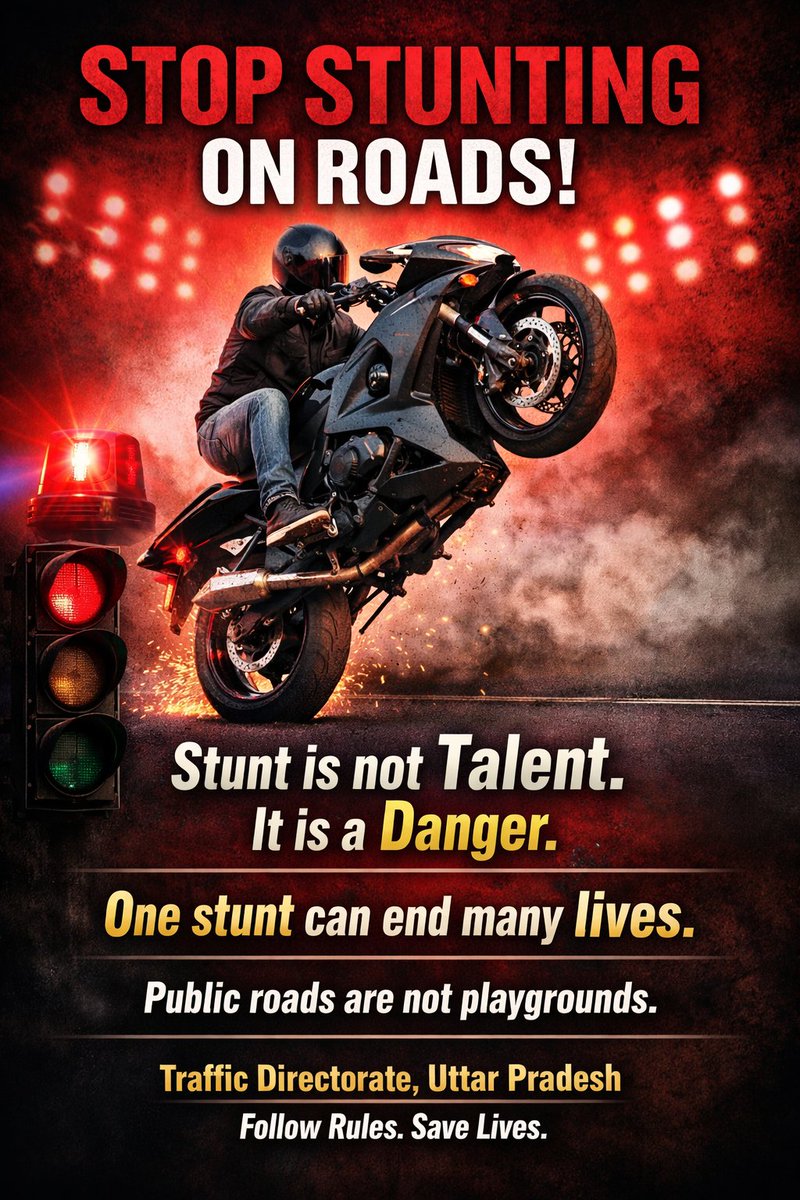 सड़क पर #स्टंट करना कानूनन अपराध है।
आपकी एक लापरवाही किसी निर्दोष की जान ले सकती है।
सोशल मीडिया की लाइक के लिए जिंदगी दांव पर मत लगाइए।
रफ्तार नहीं, जिम्मेदारी दिखाइए।