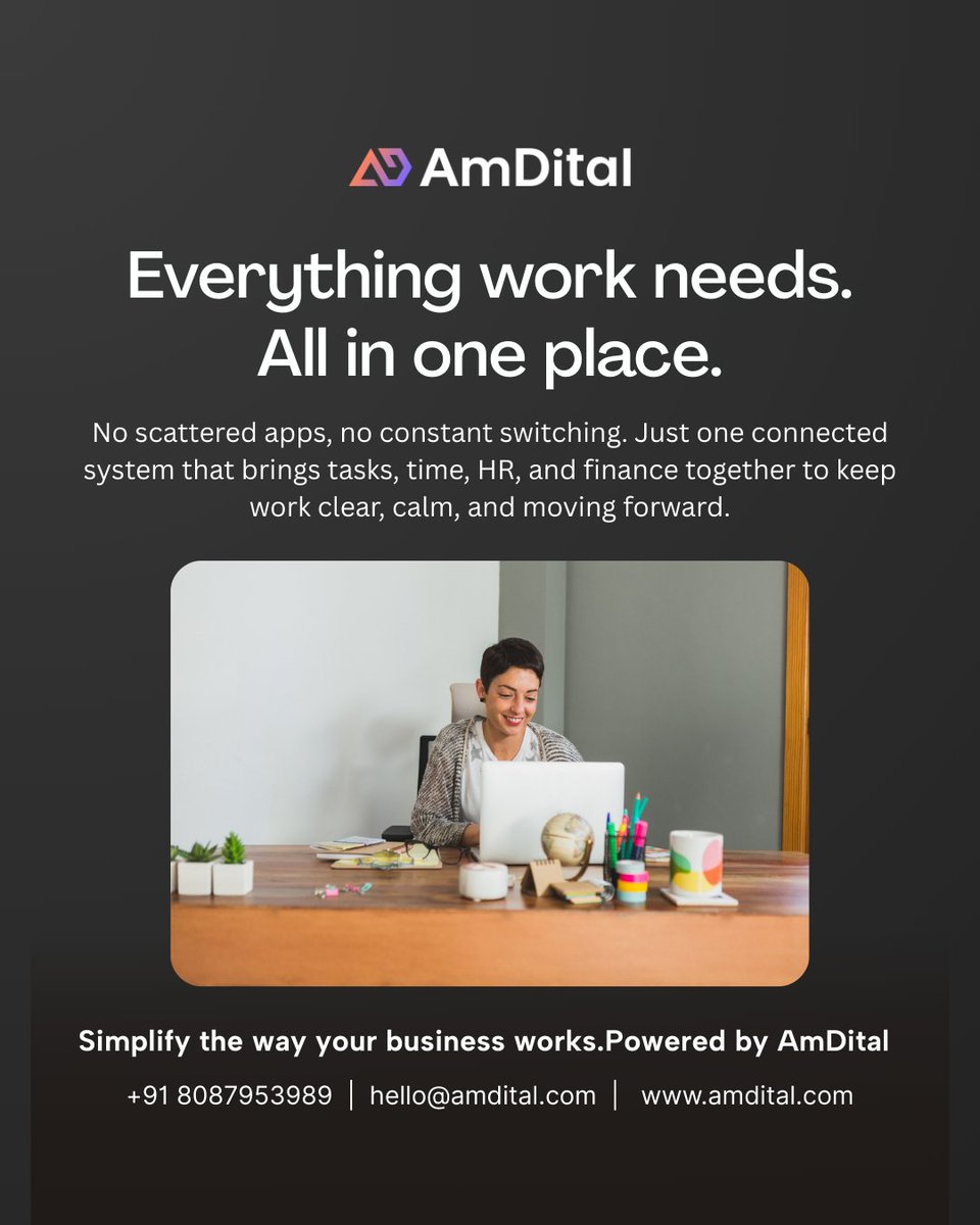 amdital's tweet photo. When everything connects, work just flows.
Clarity replaces chaos.

Get in Touch with Us
📞 Call: +91 8087953989
📩 Email: hello@amdital.com
🌐 https://t.co/fEiC7GAX0D

#WorkSimplified #ModernWork #BusinessClarity #AllInOnePlatform #TeamProductivity #FutureOfWork #AmDital https://t.co/ObtsraGppJ