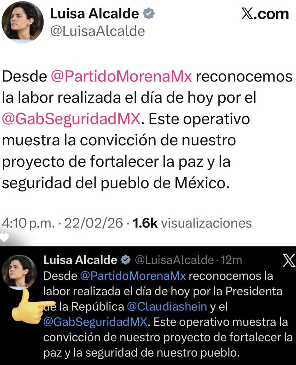 <a href="/catrina_nortena/">La Catrina Norteña</a> <a href="/Claudiashein/">Claudia Sheinbaum Pardo</a> Luisa Alcalde la quitó de su primer post… o sea 💁🏻‍♀️ … mañana <a href="/Claudiashein/">Claudia Sheinbaum Pardo</a> dirá que ella NUNCA estará a favor de la violencia 🤷🏻‍♀️.