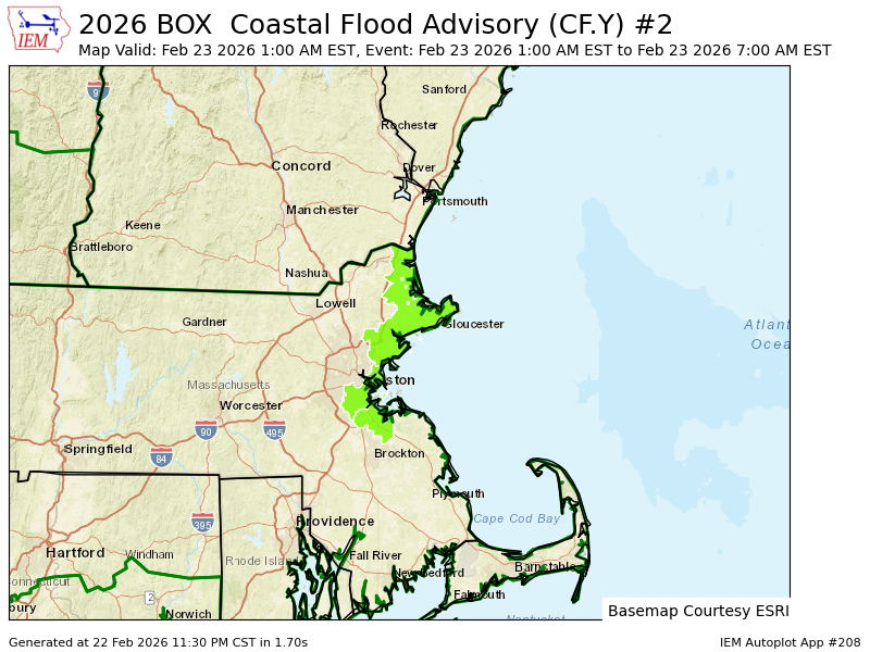 BOX continues Coastal Flood Advisory for Eastern Essex, Eastern Norfolk, Suffolk [MA] till Feb 23, 7:00 AM EST mesonet.agron.iastate.edu/vtec/f/2026-O-…