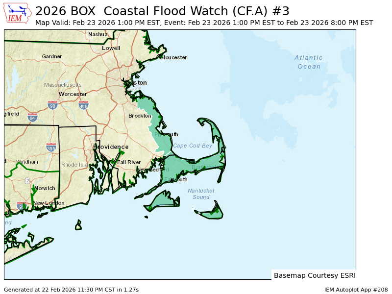 BOX continues Coastal Flood Watch valid at Feb 23, 1:00 PM EST for Barnstable, Dukes, Eastern Plymouth, Nantucket [MA] till Feb 23, 8:00 PM EST mesonet.agron.iastate.edu/vtec/f/2026-O-…