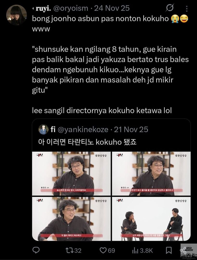 Mvs ❗️⚠️ KOKUHO 

Bong Joonho IJBOL 😭

BJH : "Shunsuke was gone for 8 years. I thought when he came back he become a yakuza with tattoos and then take revenge on kill!ng Kikuo... I guess I had a lot on my mind and problems, so I thought like that."

Cr. oryoism &amp; yankinekoze