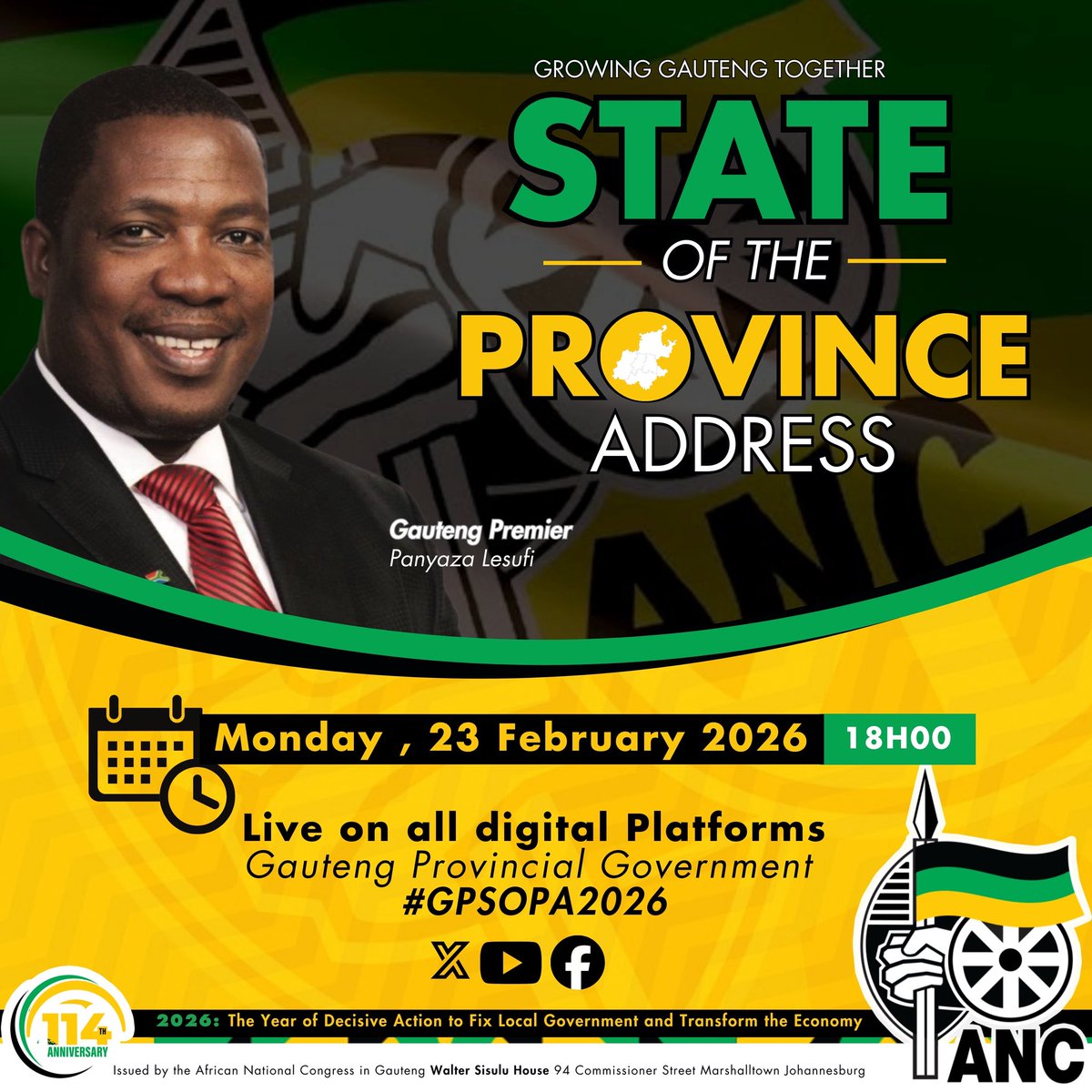#GPSOPA2026 | Gauteng Premier Panyaza Lesufi will deliver the SOPA in Johannesburg. The SOPA also marks the opening of the Gauteng Provincial Legislature. Live broadcasts will be carried across Gauteng Province digital media platforms. #GrowingGautengTogether