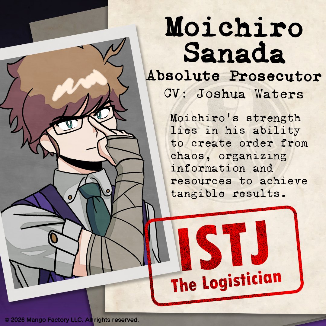 Kumitantei's tweet photo. 【Absolute MBTI】
⚖️ Moichiro Sanada - CV: @TunnelVa
ISTJ (The Logistician)
Moichiro's strength lies in his ability to create order from chaos, organizing information and resources to achieve tangible results. https://t.co/Qvr6dFwY8v