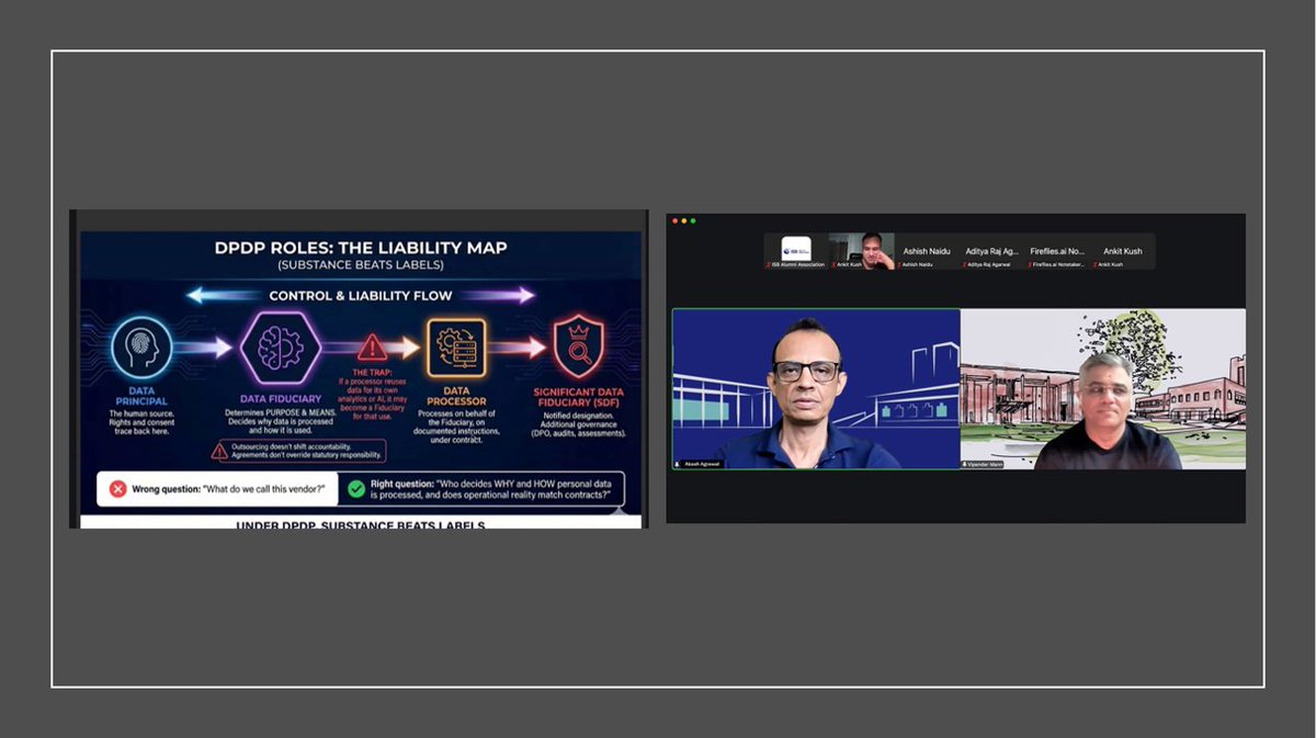 _Akash's tweet photo. Hosted a session on the DPDP Act - what it entails and how to get started. Compliance apprx 15 months away, Penalty up to Rs250cr!  @TheISBAlumni  @vipendermann  #isb @ISBedu  https://t.co/GSxLrOKAai https://t.co/EluxwcNhWV