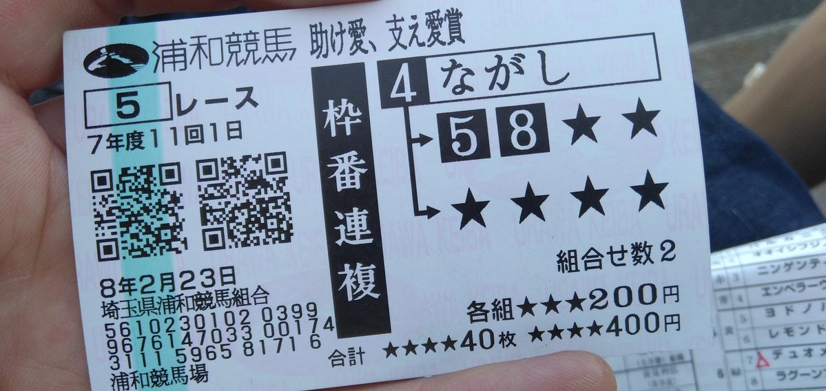 浦和競馬5レース、助け愛、支え愛賞。物販の順番がきたので慌てて馬券