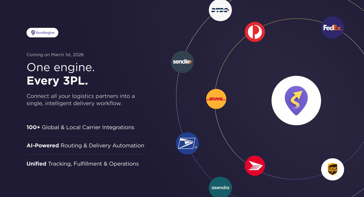 scrollengine's tweet photo. One engine. Every 3PL.

100+ carriers.
AI routing.
Unified tracking.
Automated fulfillment.
All in one delivery workflow.

🚀 March 1, 2026
 
https://t.co/ZqZkCWYMyg
Install: https://t.co/fa1tJfcC2p https://t.co/IYYMy32EWt
