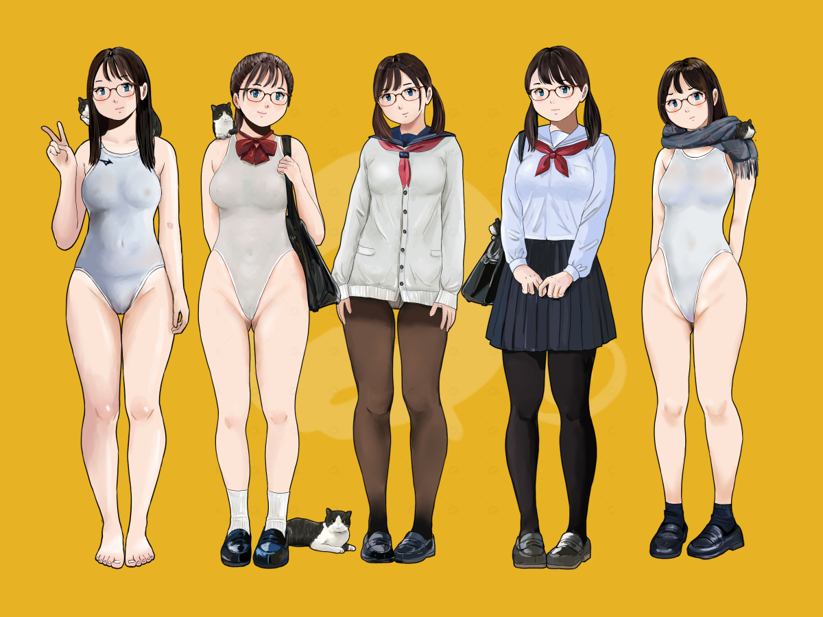 #三連休はフォロワーさんが増えるらしい
立ち絵、制服、タイツ、競泳水着、メガネ、ねこ🙀 
