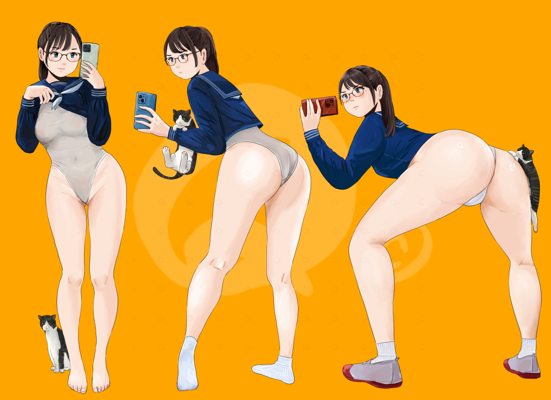 #三連休はフォロワーさんが増えるらしい
立ち絵、制服、タイツ、競泳水着、メガネ、ねこ🙀 