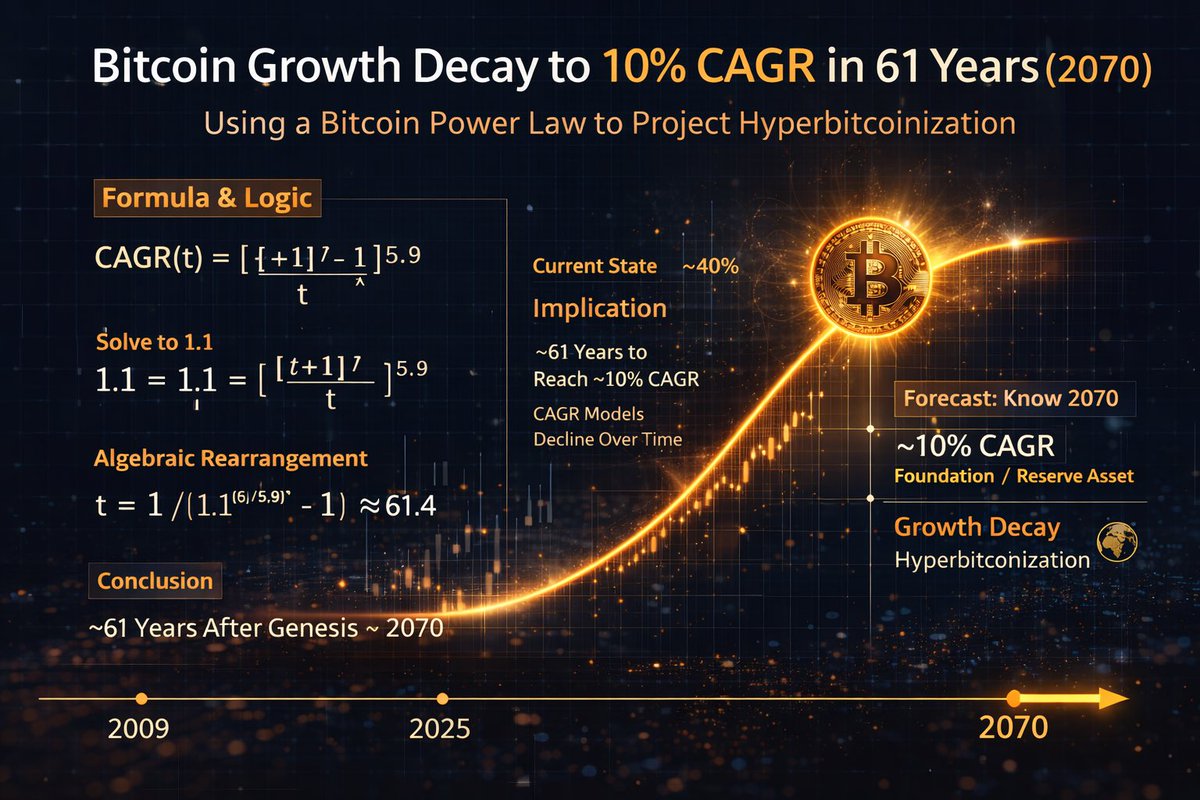 Bitcoin’s long-term trajectory may be less about endless exponential growth and more about gradual maturation into a global monetary asset. As adoption scales and capital bases expand, CAGR naturally dampens - a sign of institutionalization, not weakness.

CAGR dampening since
