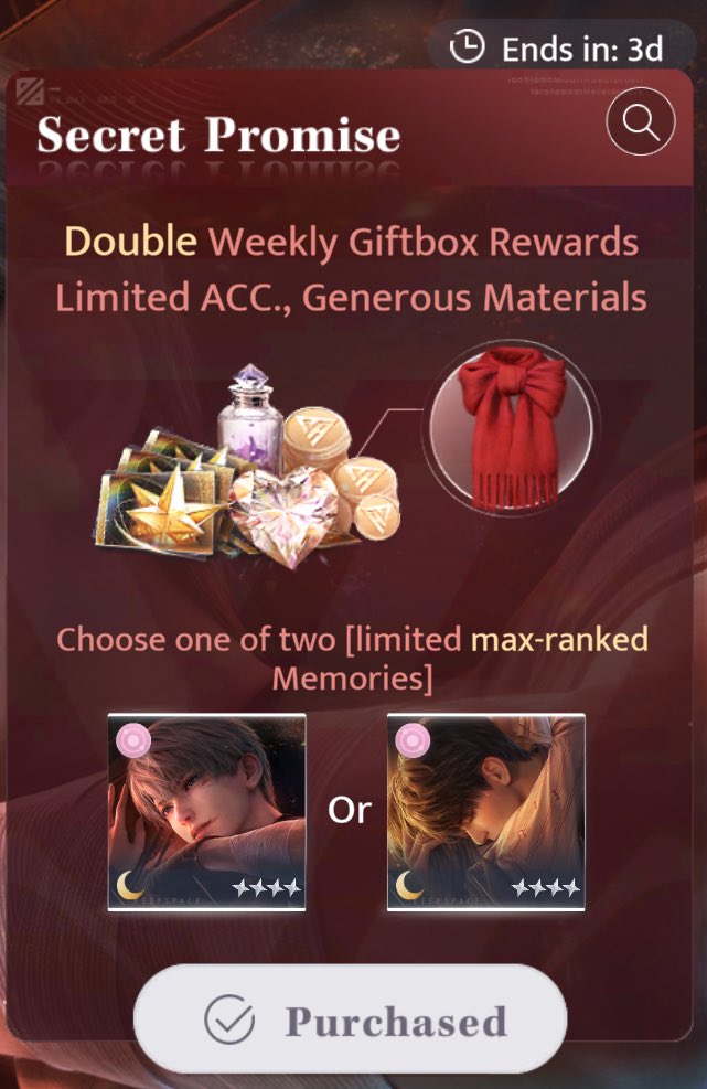 To kick off my big celebratory GA spree, I’m doing a last minute flash Secret Promise GA! 

💕 4 winners 💕

Ends 2/25 9pm (UTC +8)

follow + ♡ + ↻

-chosen via Xpicker
-winners must be comfortable sharing login info AND must be verified
-WINNERS MAY CHOOSE NEXT SP INSTEAD