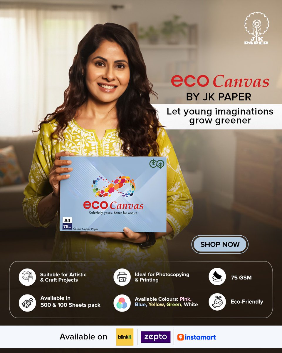 Last-minute school projects are real.   

Moms like <a href="/chhavihussein/">Chhavi Mittal</a>  trust Eco Canvas by JK Paper for art, craft, origami &amp; DIY fun, plus neat printing results.  

Eco-friendly 75 GSM sheets in vibrant colours.  Available in 100 &amp; 500 sheet packs.  

#EcoCanvas #JKPaper