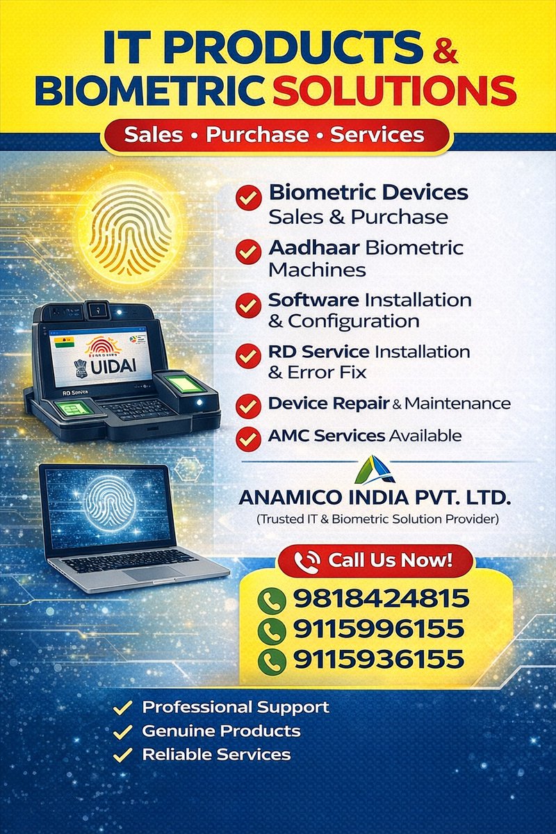 AnamicoIndia's tweet image. From Software Installation to Biometric Device Repair
Professional Support. Reliable Service. Guaranteed Quality.

📞 Call Now: 9818424815 | 9115996155 | 9115936155

#BiometricSolutions #AadhaarMachine #RDService #ITProducts #DeviceRepair #AMCServices 
@PardeepSingh_PB