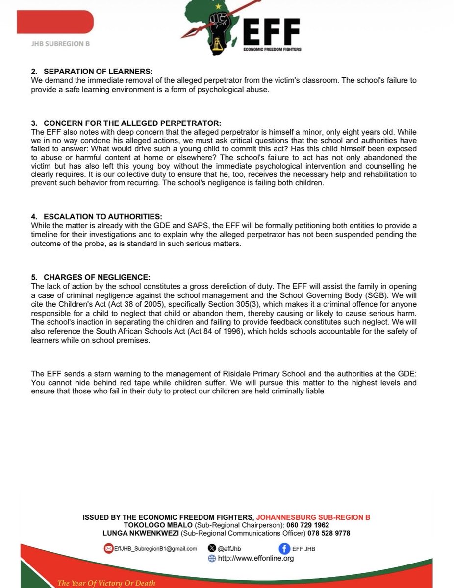 EFFJHB_B's tweet photo. 🚨 MEDIA STATEMENT 🚨

The EFF Subregion B, led by Chairperson Fighter Tokologo Mbalo &amp; Treasurer Fighter Thokozani Maziya, will visit Risidale Primary on WED 25 Feb.

A 5-yr-old was sexually assaulted by an 8-yr-old in the school bathroom on 2 Feb. The school has done NOTHING https://t.co/QXZo3frpUW