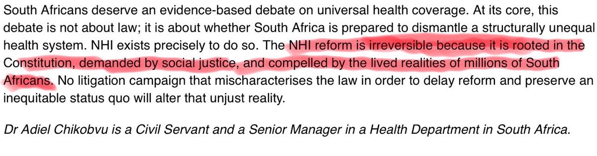 In a lacklustre attempt to rebuke <a href="/afriforum/">AfriForum</a> ‘s court action against the devastating #NHI Act, Dr. Adiel Chikobvu from the <a href="/HealthZA/">National Department of Health</a> tries to posit that government is merely executing the prescripts of the Constitution. 

I recall government’s presentations when NHI was