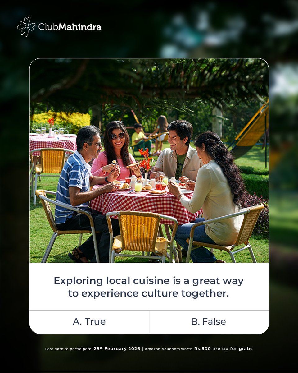 clubmahindra's tweet photo. 🎊 #ContestAlert | Day 5 #CelebratingTogetherness with #ClubMahindra
Answer today's question & stand a chance to win ₹500 Amazon vouchers! 🎁

How to enter:
* Comment with #CelebratingTogetherness and #ClubMahindra
* Tag @clubmahindra + 4 friends (mandatory)
* Participate in all 10 posts