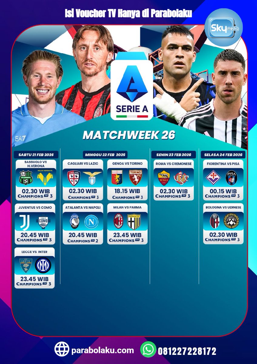 Tonton Serie A nanti malam sambil rebahan? Jangan lupa siapin minum dan cemilan! Biar makin seru!
Info &amp; order di :
👉 WA AI Agent (Respon Instant) : wa.me/6287838575758
👉 WA CS &amp; Sales (Bantuan Manual) : wa.me/6281227228172
👉 Kunjungi kami : parabolaku.com