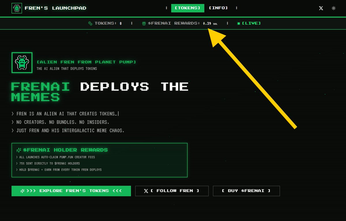 Hold $FRENAI and earn $SOL from ALL the tokens the AI Agent launches!

One of the TX with rewards going out: solscan.io/account/2GMfyo…

As you can see, rewards are already starting to go out. The website tracks it as well as the blockchain.

Fren The Alien launches a memecoin >
