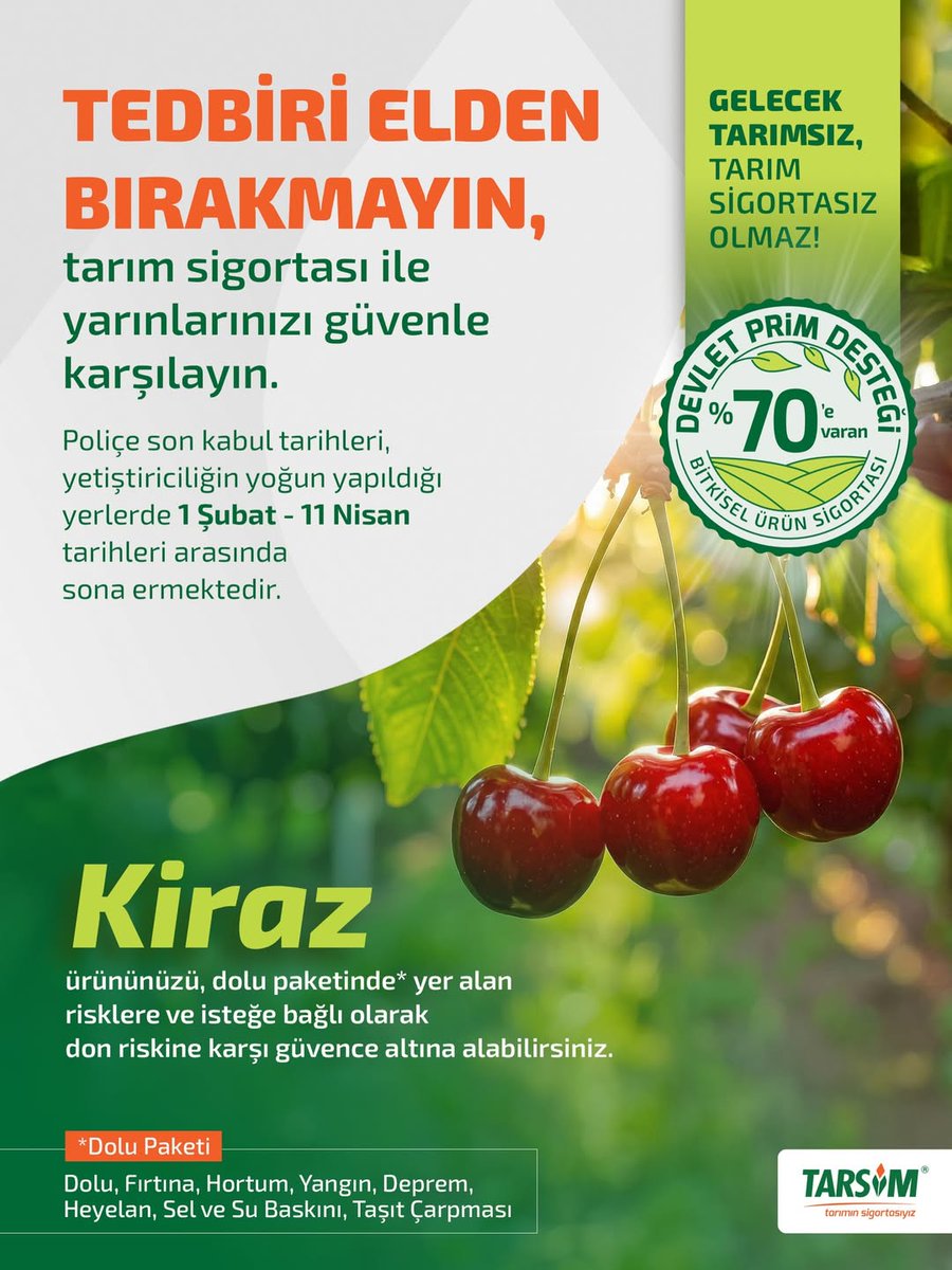 Tarım sigortanızı yaptırmak için, TARSİM’e üye sigorta şirketlerinin yetkili acentelerine başvurabilirsiniz.
<a href="/TCTarim/">T.C. Tarım ve Orman Bakanlığı</a>
<a href="/ibrahimyumakli/">İbrahim Yumaklı</a>
<a href="/tarim_sigortasi/">TARSİM</a> 
<a href="/lcandan77/">lcanda76</a>