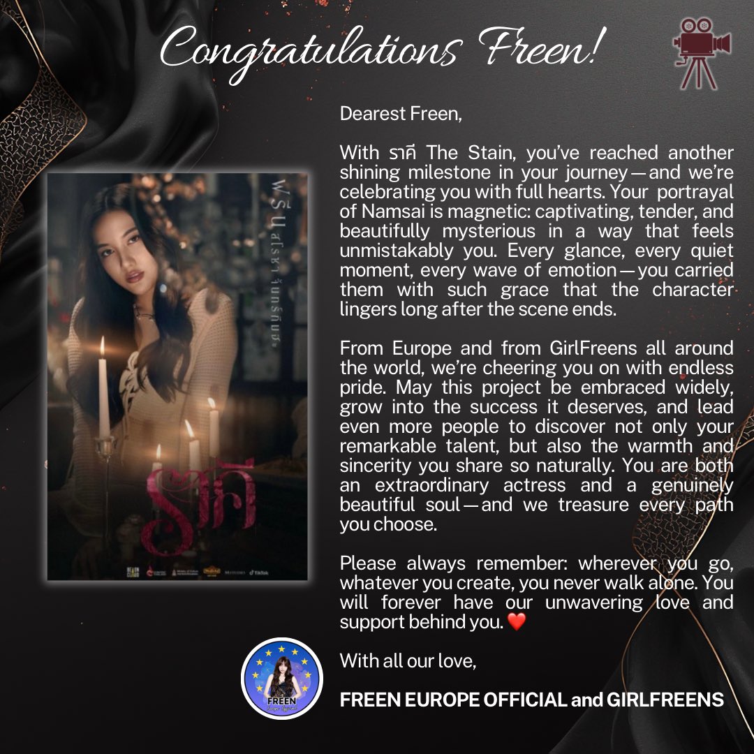 FreenEUROPE's tweet photo. From Freen Europe Official and Girlfreens around the world, we’re sending all our love to hold your hand Freen, through this special day, the Gala Premiere of ราคี THESTAIN.  🌷🌍

#srchafreen #GIRLFREEN #ราคีTHESTAIN 

We’re so proud of you, not just for reaching this moment, but for the strength and passion you’ve poured into every step. To Namsai, may she captivate - leave an imprint on every heart, surprise the audience in the most beautiful ways, and become a character people will remember for a long, long time. 

And wishing ราคี The Stain a brilliant run, overflowing love from audiences, and truly spectacular box office success. 🤍🙏🏻