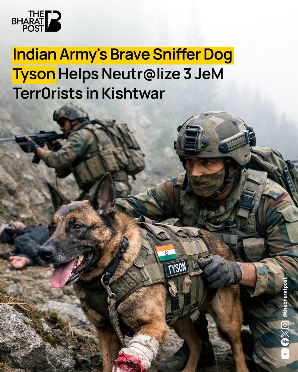 thebharatpost_'s tweet photo. In a remarkable display of courage and loyalty, the Indian Army’s specially trained sniffer dog #Tyson, attached to the 2 Para Special Forces, played a pivotal role in a counter-terror operation in Kishtwar district, Jammu and Kashmir. #kishtwarencounter https://t.co/D68uEIJC6o