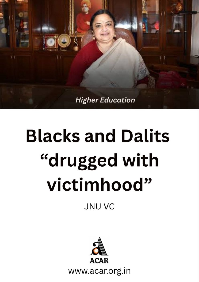 priyadarshi07's tweet photo. Calling #Blacks and #Dalits “drugged with victimhood” is not just deeply offensive, it is intellectually bankrupt, dangerously racist & casteist. It insults the memory of #RohithVemula, #PayalTadvi, #GeorgeFloyd, and every single person who was humiliated because of race & caste.

The sweeping generalisation that entire communities of Blacks and Dalits are “drugged with victimhood” is casteist-racist rhetoric. Statement by the VC is a direct assault on Article 17. Such a person has no moral authority to lead an institution like JNU. She should be booked under Protection of Civil Rights Act, 1977.