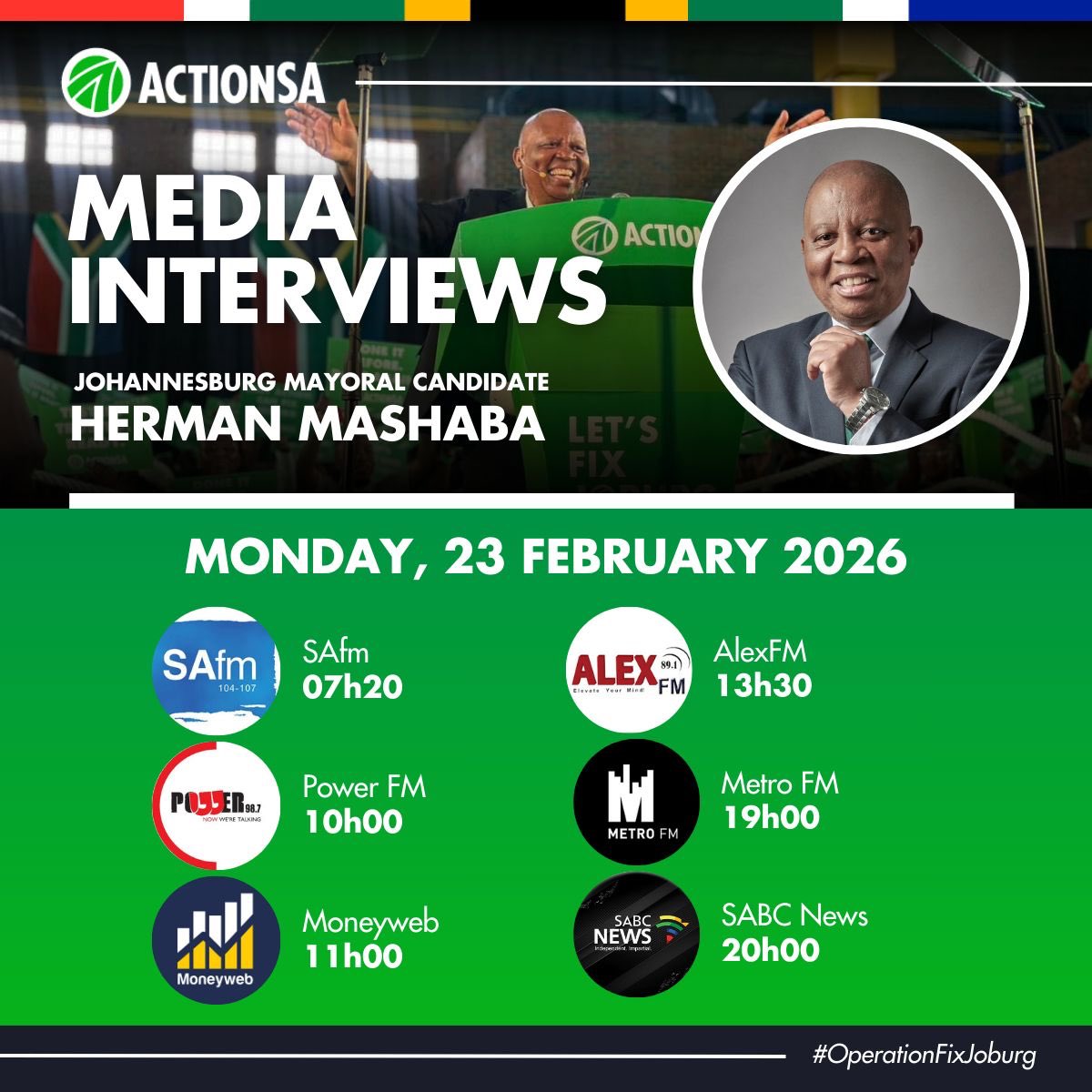 Tune in today! ActionSA Mayoral Candidate for Johannesburg <a href="/HermanMashaba/">Herman Mashaba</a> is making the rounds on your favourite stations. Don't miss what he has to say about fixing Johannesburg. 📻 #OperationFixJoburg 
#ReadyForAction