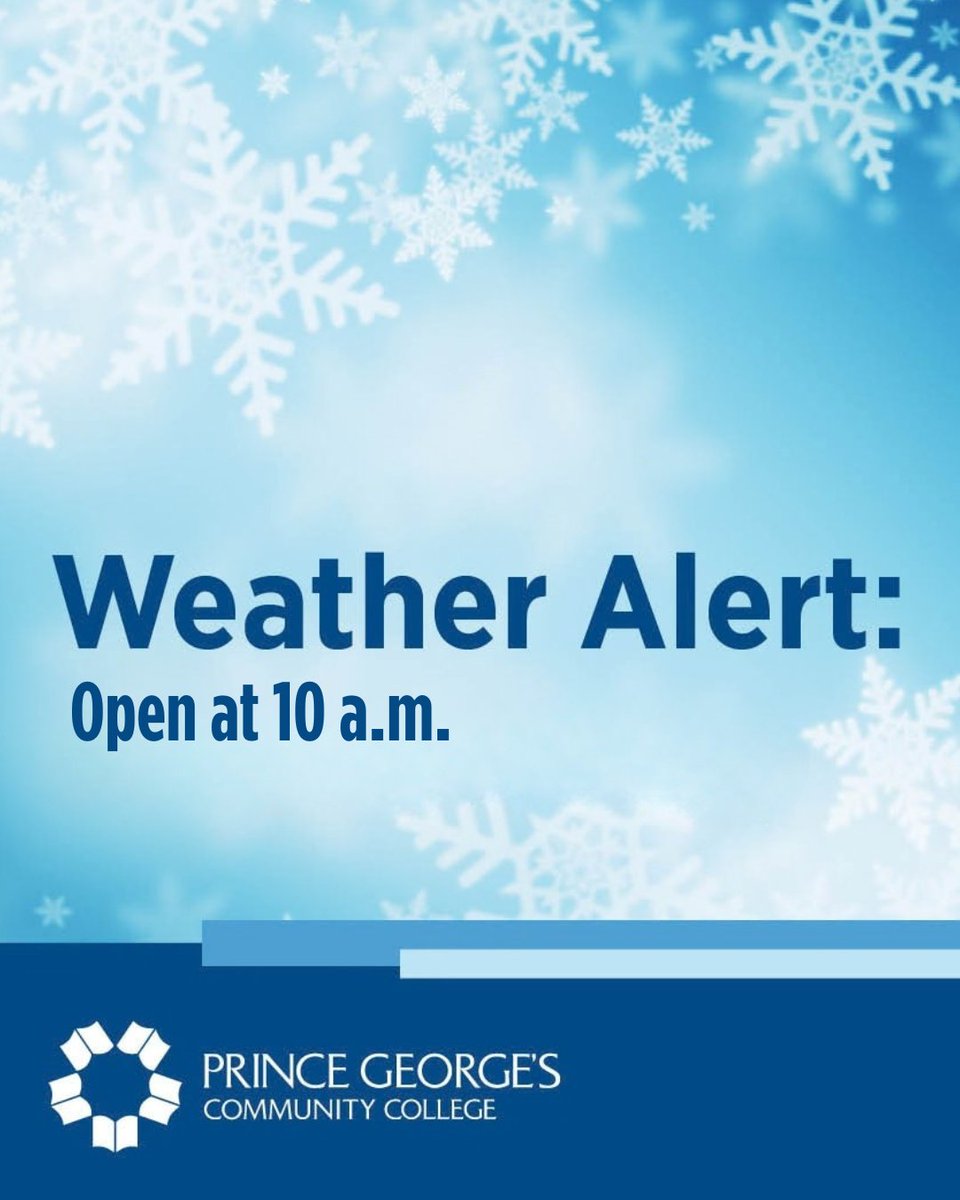 pgccnews's tweet photo. Due to inclement weather, PGCC will open at 10 a.m. on Monday, February 23, 2026, and normal operations will proceed at that time.  Sign up for OWL Alerts at https://t.co/LiCeAakM3u to receive timely notifications. https://t.co/TyogffAgie