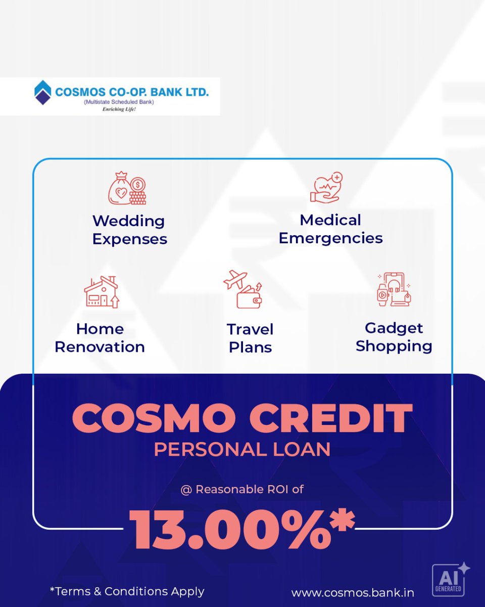 Cosmospune's tweet image. Fulfill your personal requirements with ease through Cosmo Credit Personal Loan at a reasonable ROI of 13.00%*.

For more details, visit our website or nearest branch.

#cosmoshaitohmumkinhai #PersonalLoan #BankingSolutions #SmartFinance