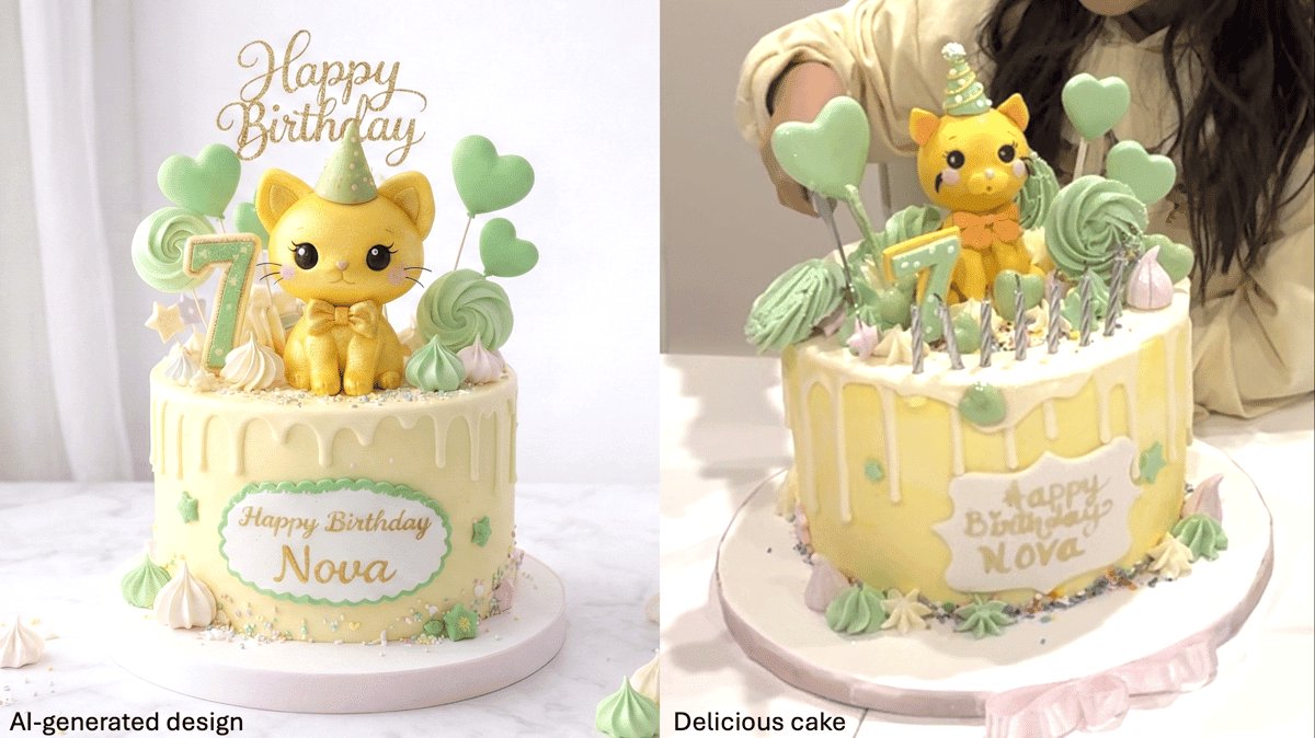 Will AI create new job opportunities? My daughter Nova loves cats, and her favorite color is yellow. For her 7th birthday, we got a cat-themed cake in yellow by first using Gemini’s Nano Banana to design it, and then asking a baker to create it using delicious sponge cake and