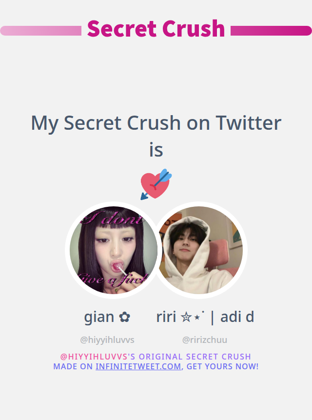My Secret Crush on Twitter is <a href="/ririzchuu/">riri ✮⋆˙ | adi day! 🎉</a>

➡️ infinitetweet.me/secret-crush