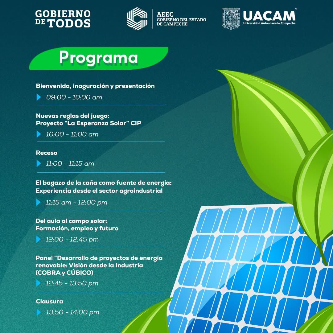 CarlosAGB86's tweet image. 🌱⚡ La energía que transforma Campeche se construye hoy.

Te invitamos a conocer el programa de actividades donde hablaremos de innovación, energía solar, desarrollo sostenible y el futuro del empleo en el sector energético.

#GobiernoDeTodos🚩 #AEEC #Energía