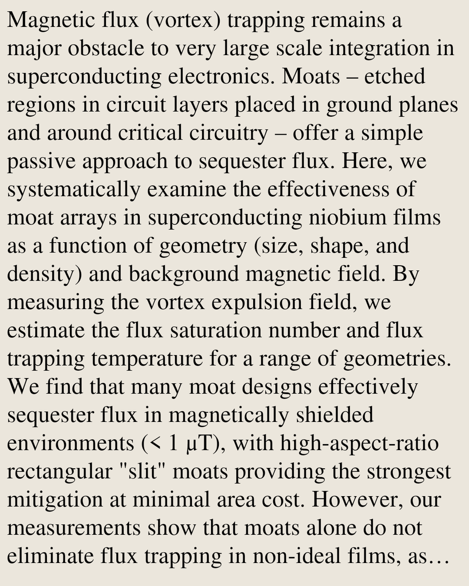 Mitigation of Magnetic Flux Trapping in Superconducting Electronics Using Moats

Rohan T. Kapur (MIT Lincoln Laboratory, Lexington, MA, USA), Sergey K. Tolpygo (MIT Lincoln Laboratory, …
arxiv.org/abs/2602.18345 [𝚌𝚘𝚗𝚍-𝚖𝚊𝚝.𝚜𝚞𝚙𝚛-𝚌𝚘𝚗 𝚙𝚑𝚢𝚜𝚒𝚌𝚜.𝚊𝚙𝚙-𝚙𝚑]