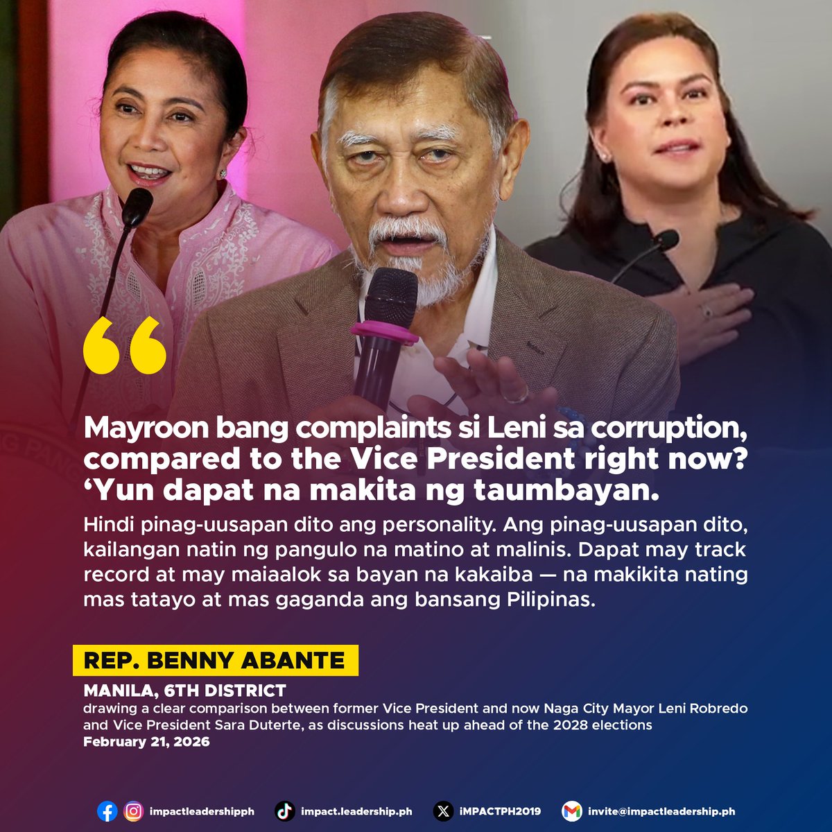 iMPACTPH2019's tweet photo. ABANTE URGES VOTERS TO FOCUS ON INTEGRITY, CAPABILITY IN 2028, NOT POPULARITY

Manila Rep. Bienvenido "Benny" Abante Jr. drew a clear comparison between former Vice President and now Naga City Mayor Leni Robredo and Vice President Sara Duterte.

https://t.co/i9Ne0p1YDj https://t.co/MNLFALKFvv