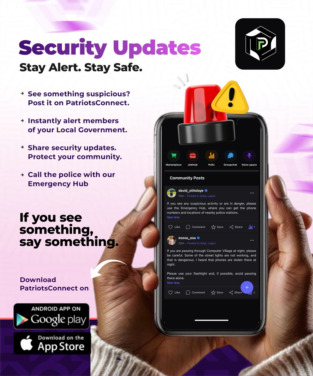 Patriots_Co1's tweet photo. 🚨 See something suspicious or you're in danger? 

Post it. Alert your community. Call the police with our Emergency Hub. Stay safe. 🛡️ 

If you see something, say something. 🗣️ https://t.co/6j7HaSRr3X