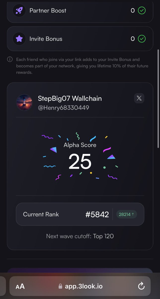 Okay guys, let’s get to work

A good friend <a href="/ChainSera/">🌱Sera</a> just introduced <a href="/3look_io/">3look</a> to me, I just got in and it’s looking good already

Here: 3look.io/?ref=Henry6833…

Join me as I embark on this journey, you’re early, and remember early is alpha 

My alpha score is 25, tell me yours